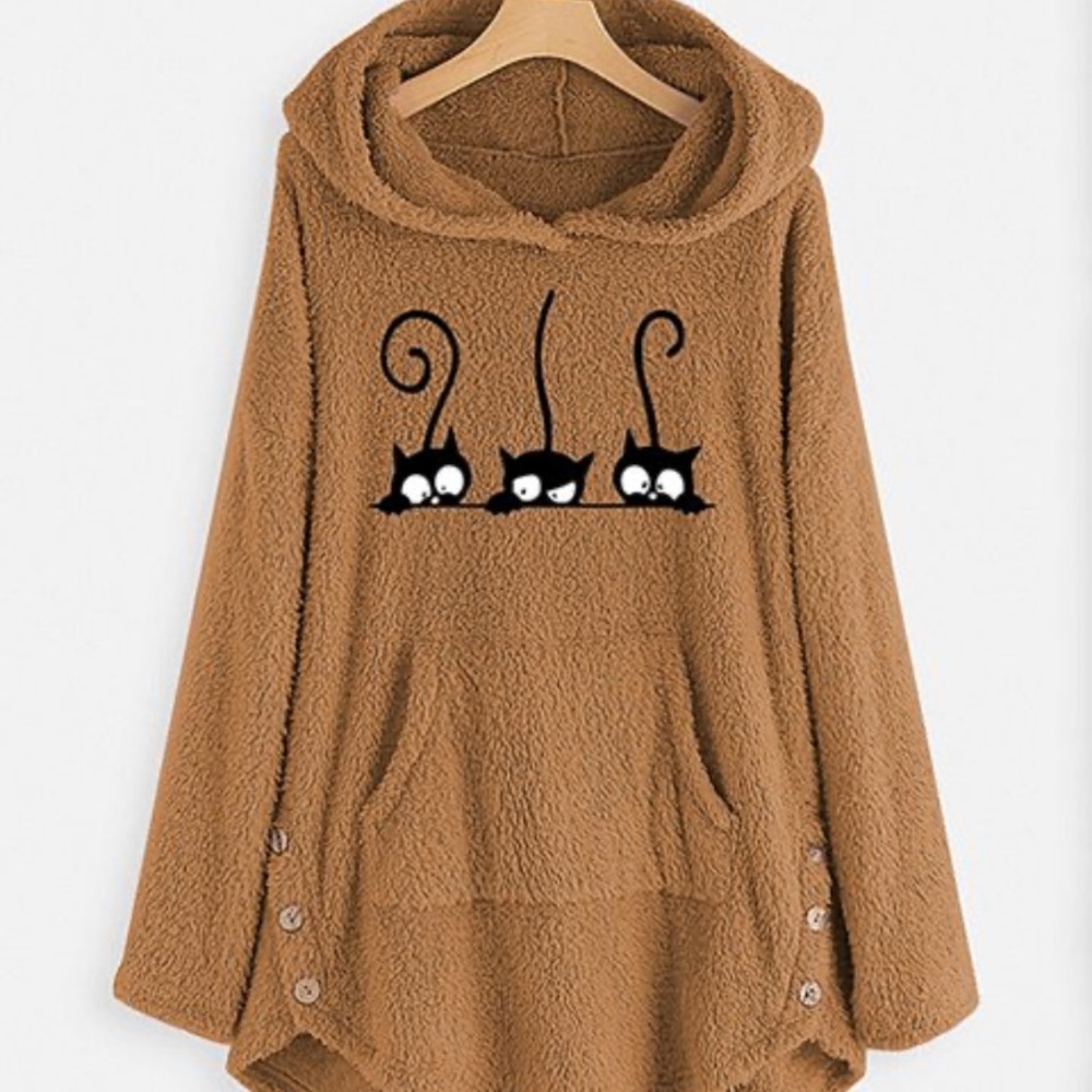Khaki Cats Curved-Hem Hoodie